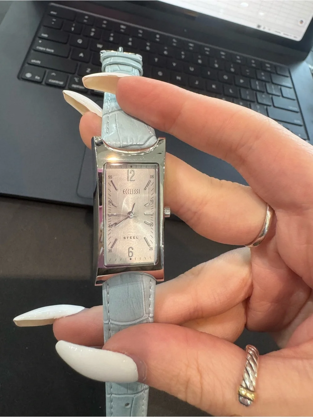 New Vintage Ecclissi rectangular steel watch w/ blue gator strap